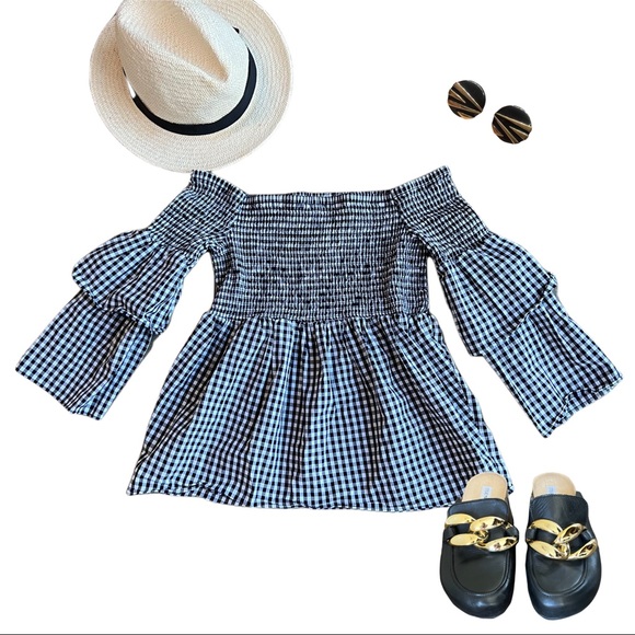Bar III black and white gingham smocked blouse|off the shoulder - Picture 2 of 7